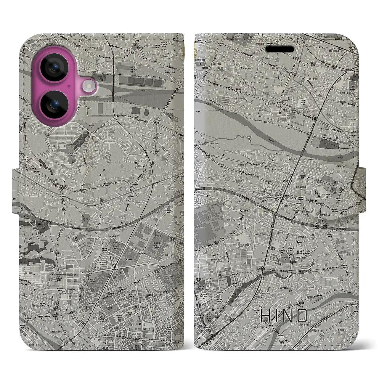 【日野(東京都)】地図柄iPhoneケース(手帳タイプ)モノトーン・iPhone 16 Pro 用
