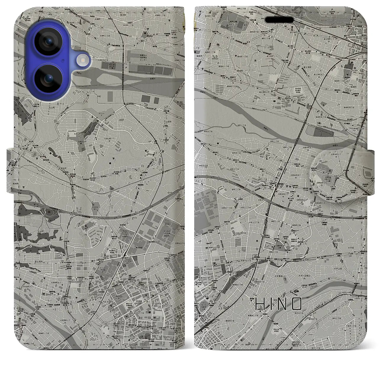 【日野(東京都)】地図柄iPhoneケース(手帳タイプ)モノトーン・iPhone 16 Pro Max 用