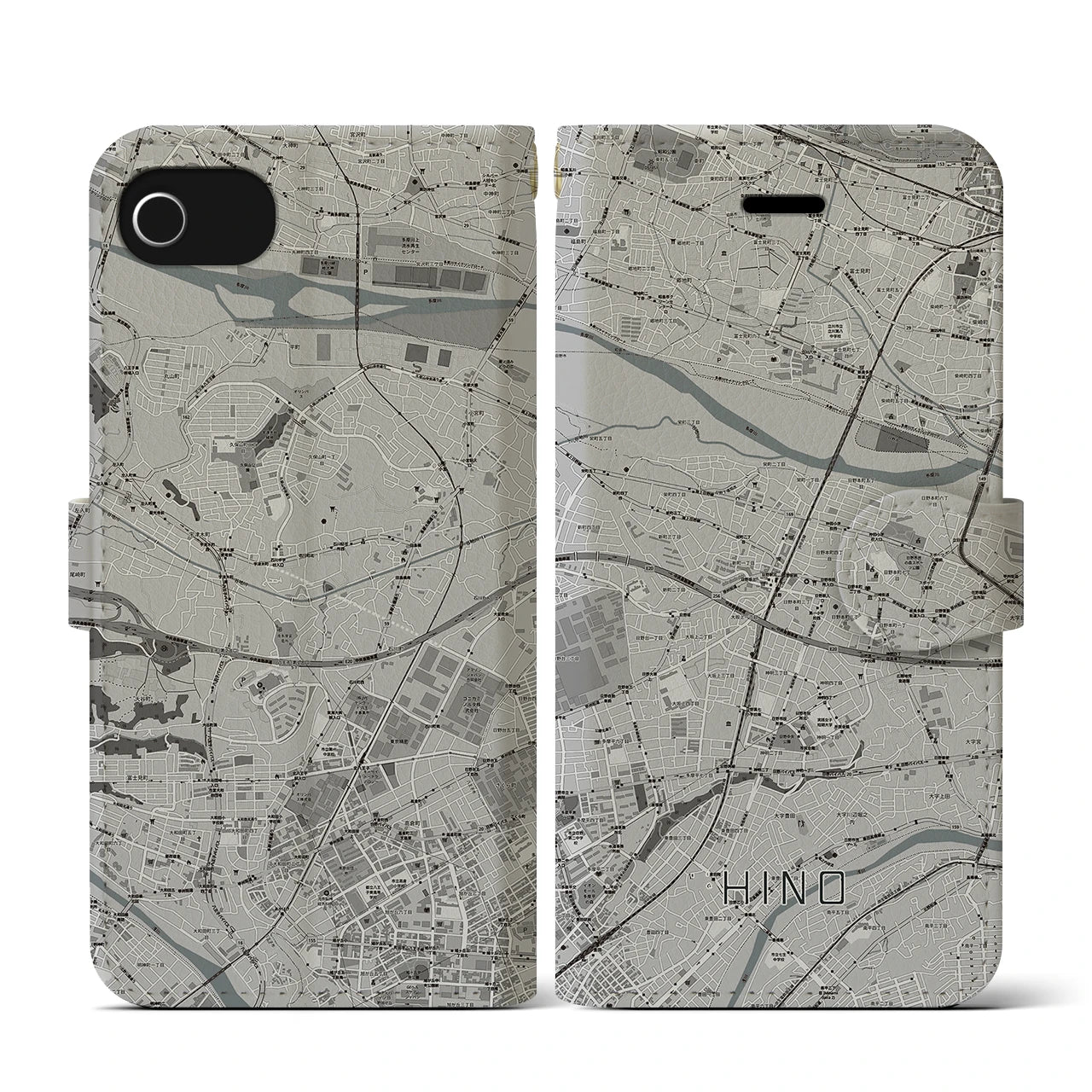 【日野(東京都)】地図柄iPhoneケース(手帳タイプ)モノトーン・iPhone SE(第3 / 第2世代) / 8 / 7 / 6s / 6 用