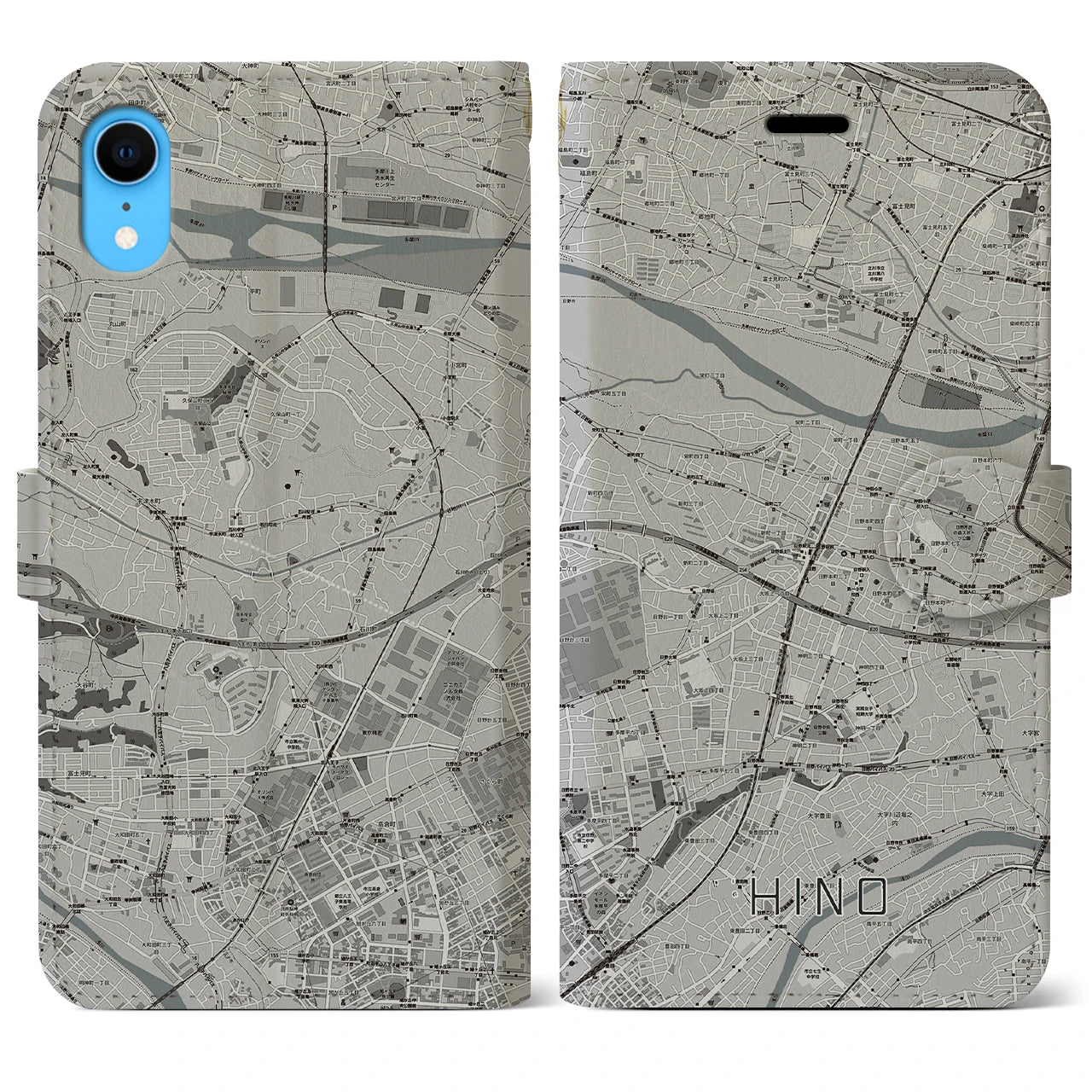 【日野(東京都)】地図柄iPhoneケース(手帳タイプ)モノトーン・iPhone XR 用