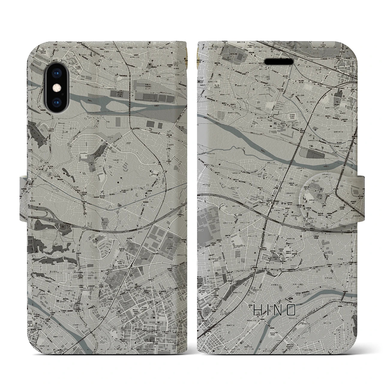 【日野(東京都)】地図柄iPhoneケース(手帳タイプ)モノトーン・iPhone XS / X 用