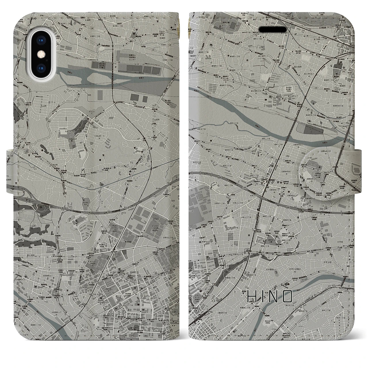 【日野(東京都)】地図柄iPhoneケース(手帳タイプ)モノトーン・iPhone XS Max 用