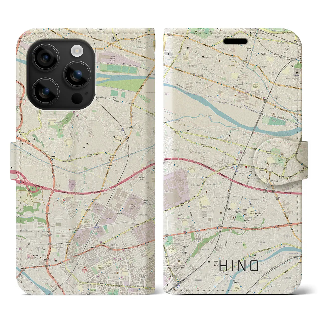 【日野(東京都)】地図柄iPhoneケース(手帳タイプ)ナチュラル・iPhone 16 用