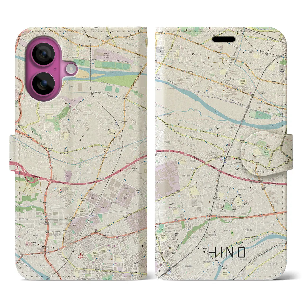 【日野(東京都)】地図柄iPhoneケース(手帳タイプ)ナチュラル・iPhone 16 Pro 用