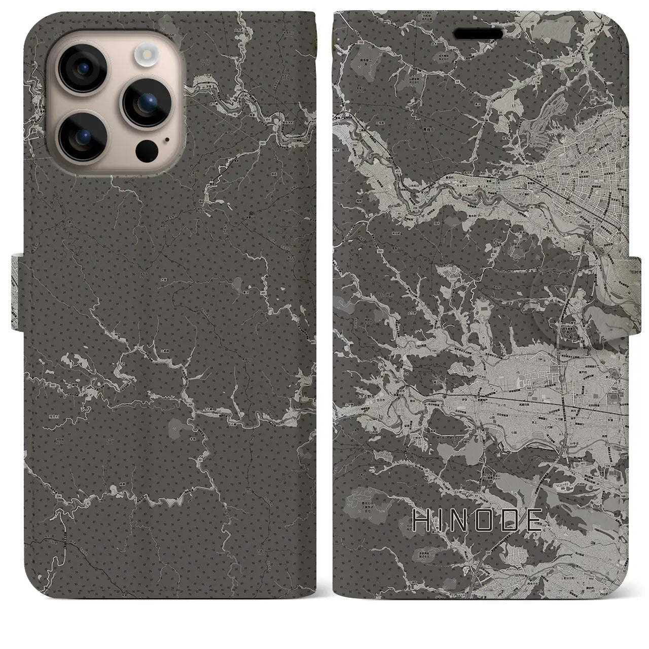 【日の出(東京都)】地図柄iPhoneケース(手帳タイプ)モノトーン・iPhone 16 Plus 用