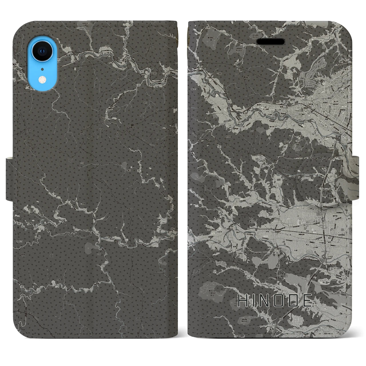 【日の出(東京都)】地図柄iPhoneケース(手帳タイプ)モノトーン・iPhone XR 用