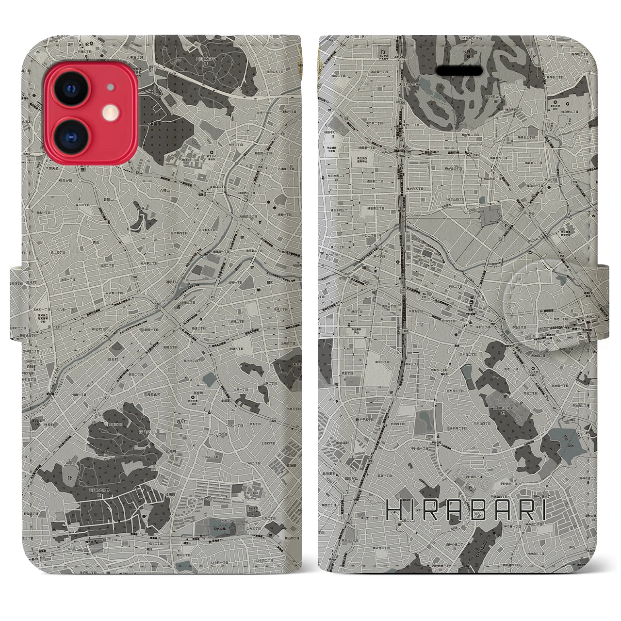 【平針(愛知県)】地図柄iPhoneケース(手帳タイプ)モノトーン・iPhone 11 用