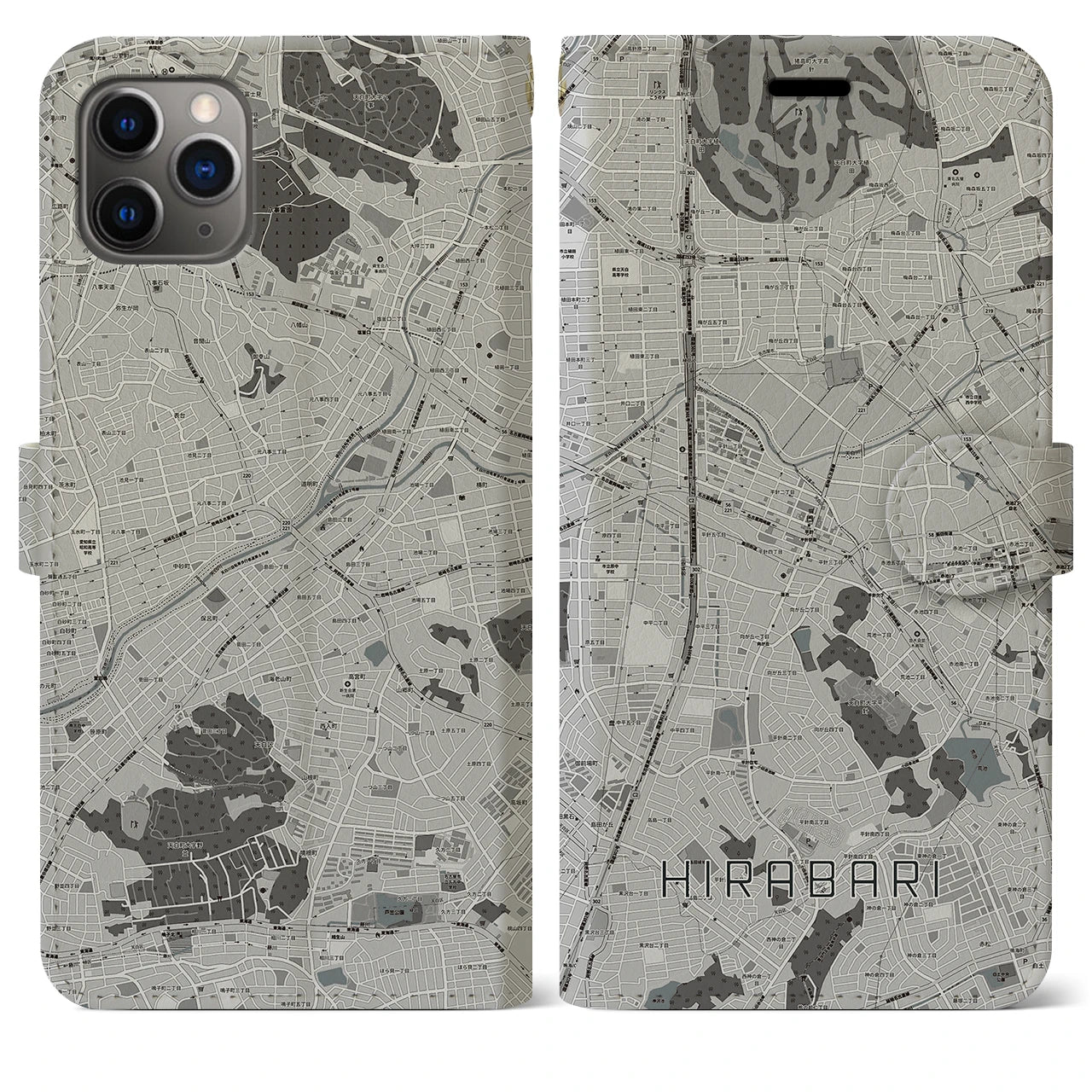 【平針(愛知県)】地図柄iPhoneケース(手帳タイプ)モノトーン・iPhone 11 Pro Max 用