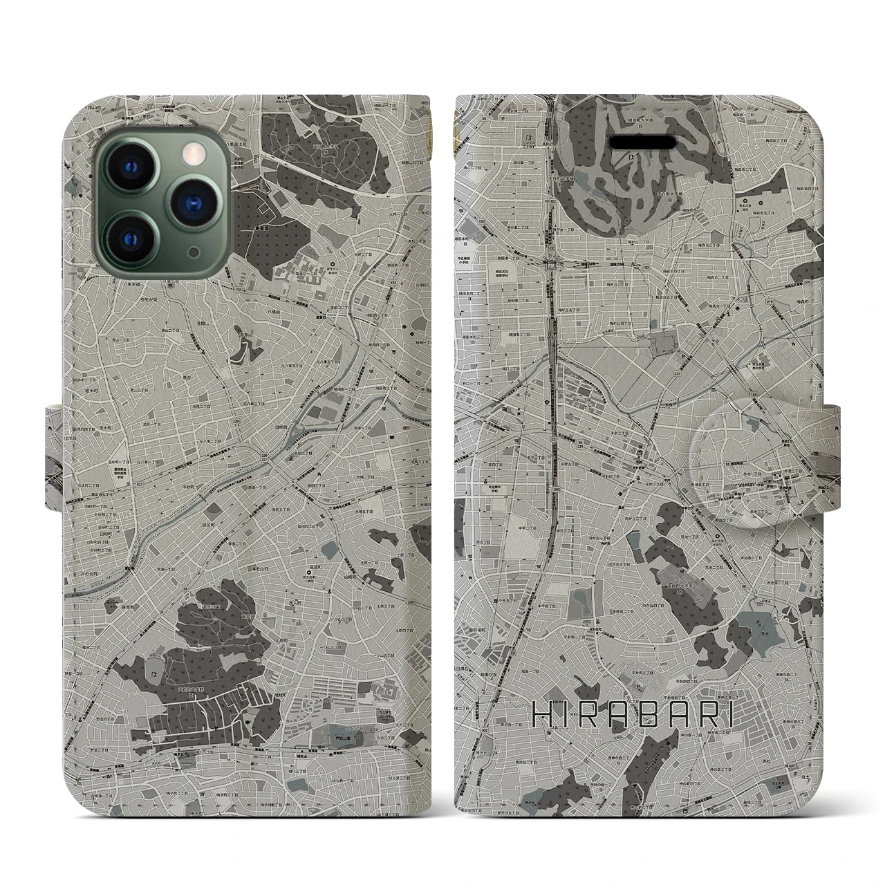 【平針(愛知県)】地図柄iPhoneケース(手帳タイプ)モノトーン・iPhone 11 Pro 用