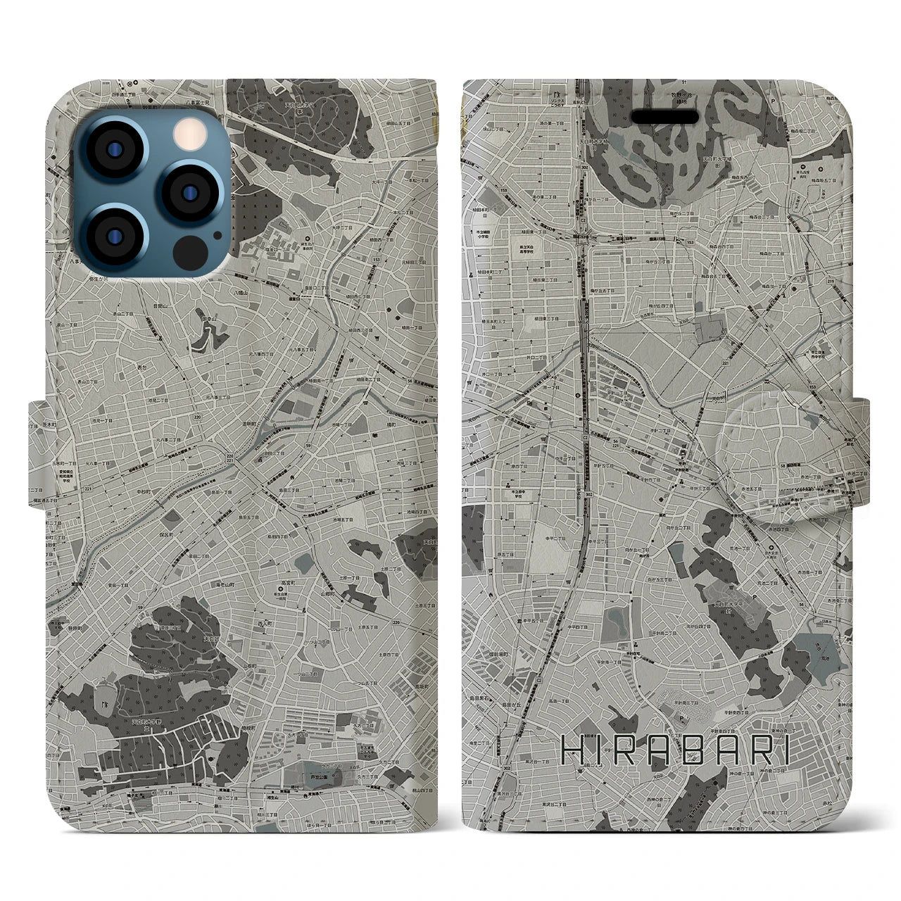 【平針(愛知県)】地図柄iPhoneケース(手帳タイプ)モノトーン・iPhone 12 / 12 Pro 用