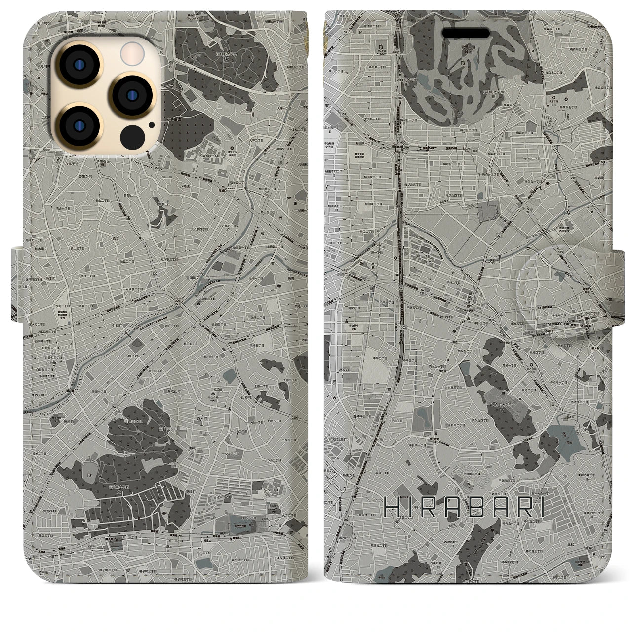 【平針(愛知県)】地図柄iPhoneケース(手帳タイプ)モノトーン・iPhone 12 Pro Max 用