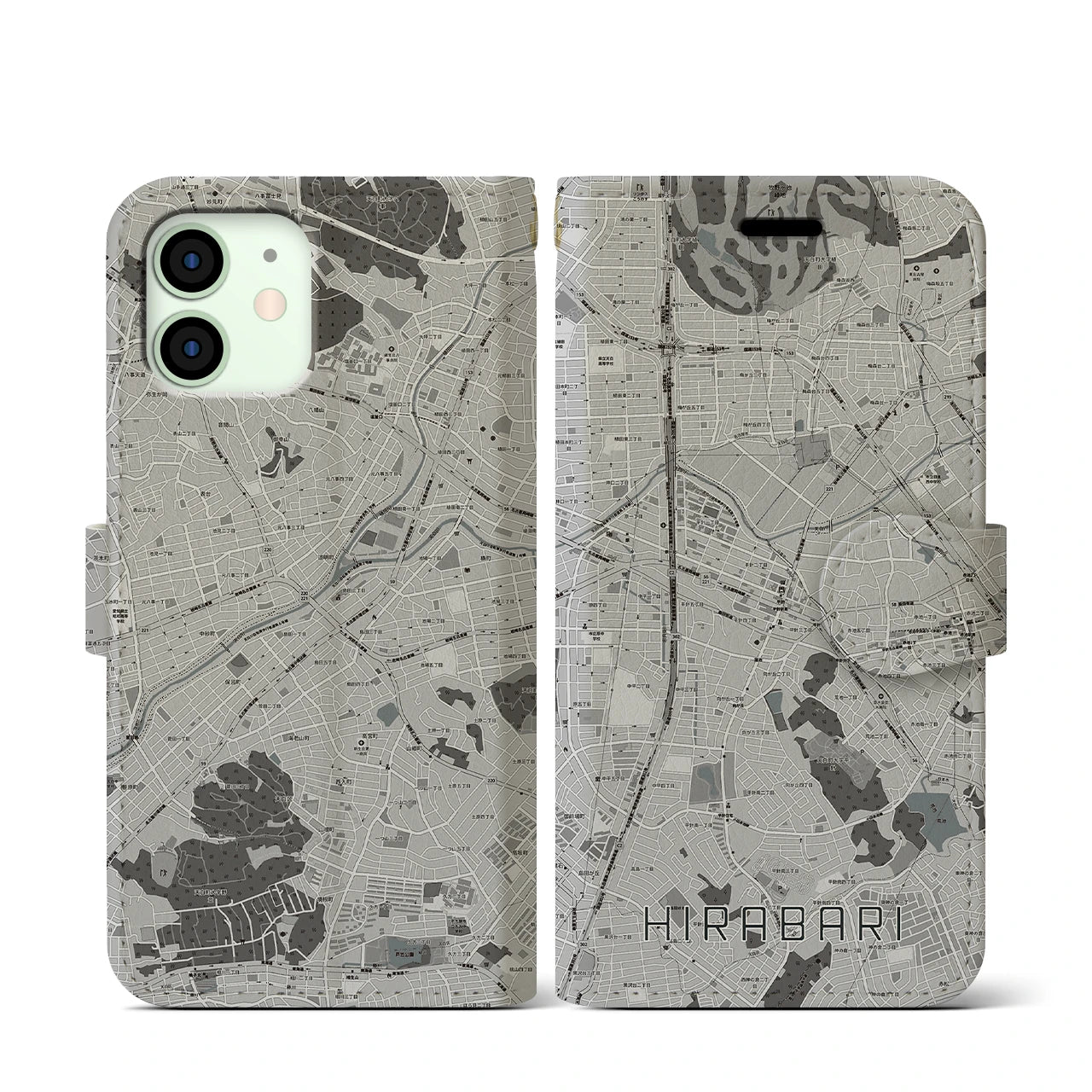 【平針(愛知県)】地図柄iPhoneケース(手帳タイプ)モノトーン・iPhone 12 mini 用