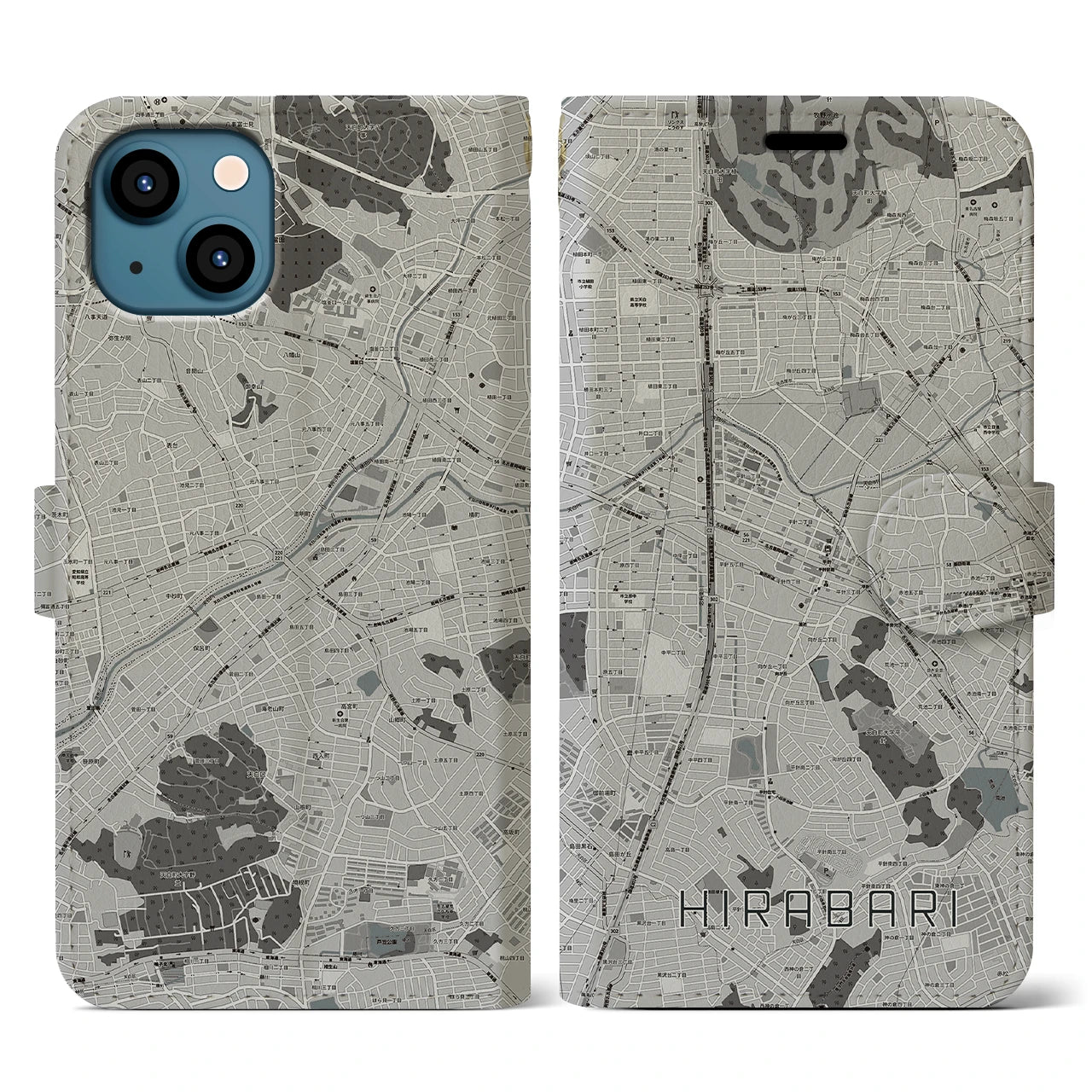 【平針(愛知県)】地図柄iPhoneケース(手帳タイプ)モノトーン・iPhone 13 用