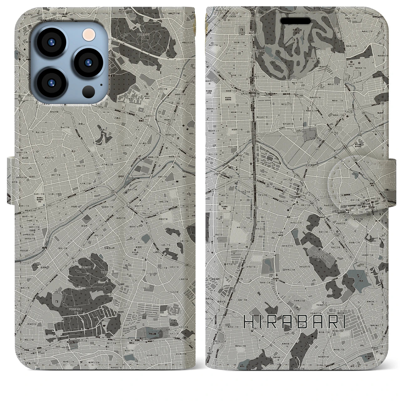 【平針(愛知県)】地図柄iPhoneケース(手帳タイプ)モノトーン・iPhone 13 Pro Max 用