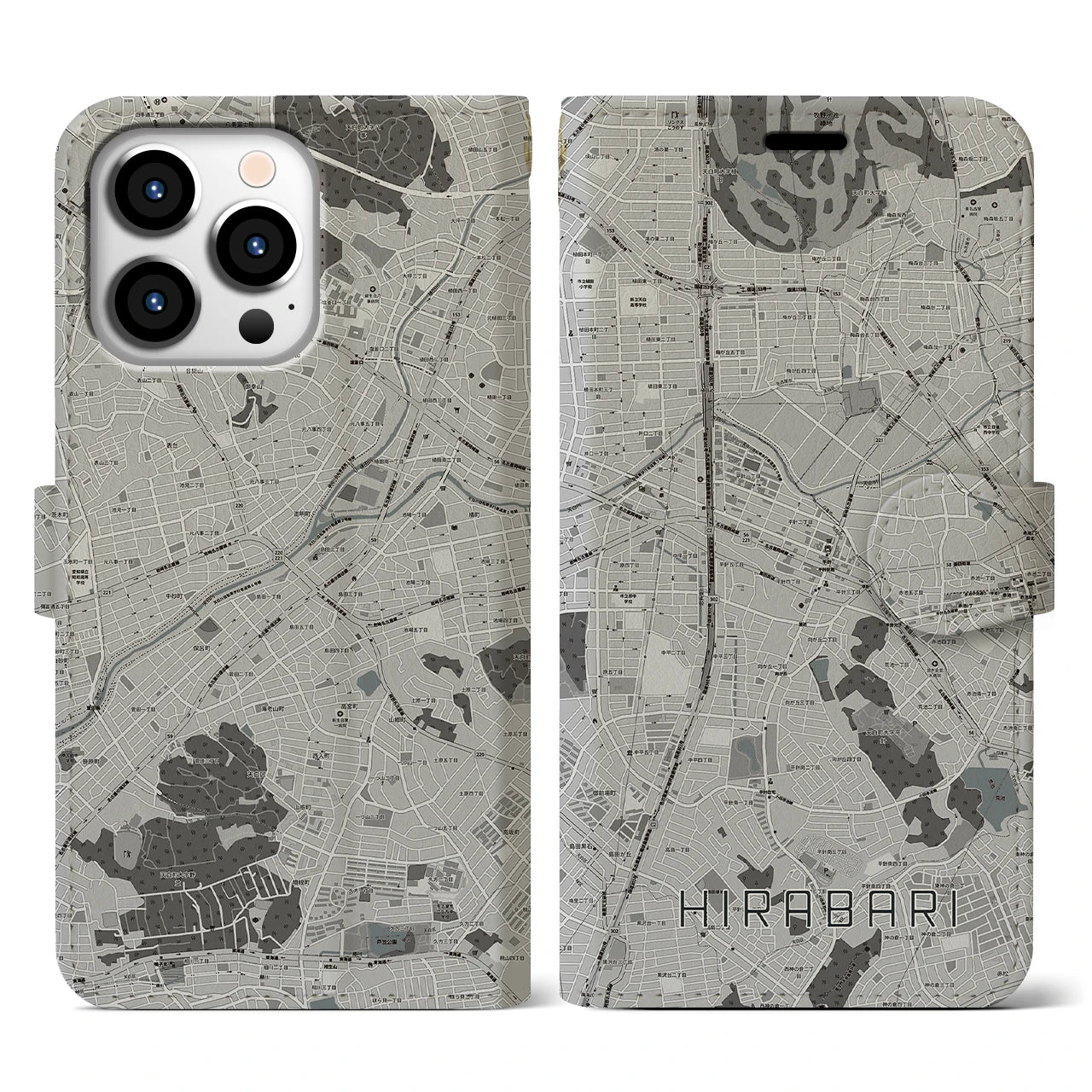 【平針(愛知県)】地図柄iPhoneケース(手帳タイプ)モノトーン・iPhone 13 Pro 用