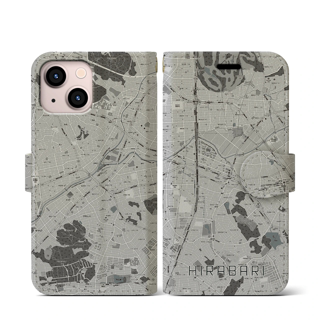 【平針(愛知県)】地図柄iPhoneケース(手帳タイプ)モノトーン・iPhone 13 mini 用