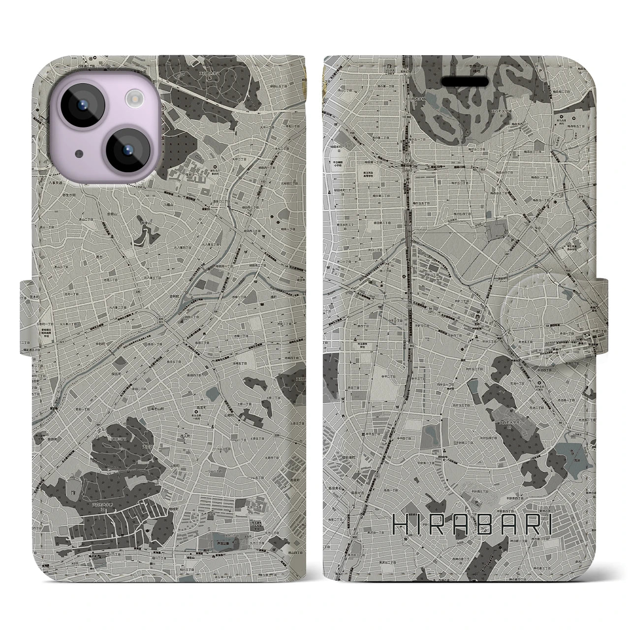 【平針(愛知県)】地図柄iPhoneケース(手帳タイプ)モノトーン・iPhone 14 用