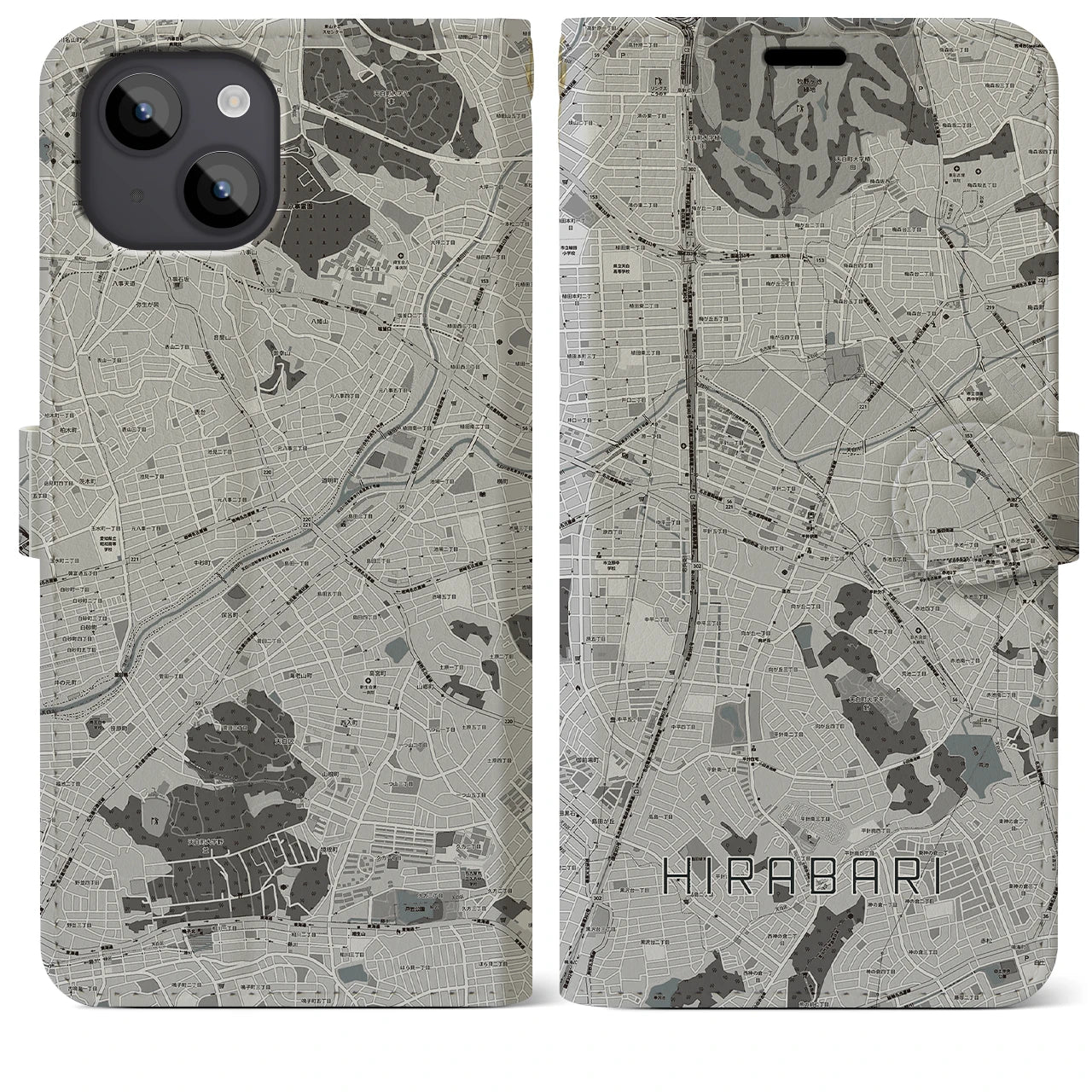 【平針(愛知県)】地図柄iPhoneケース(手帳タイプ)モノトーン・iPhone 14 Plus 用