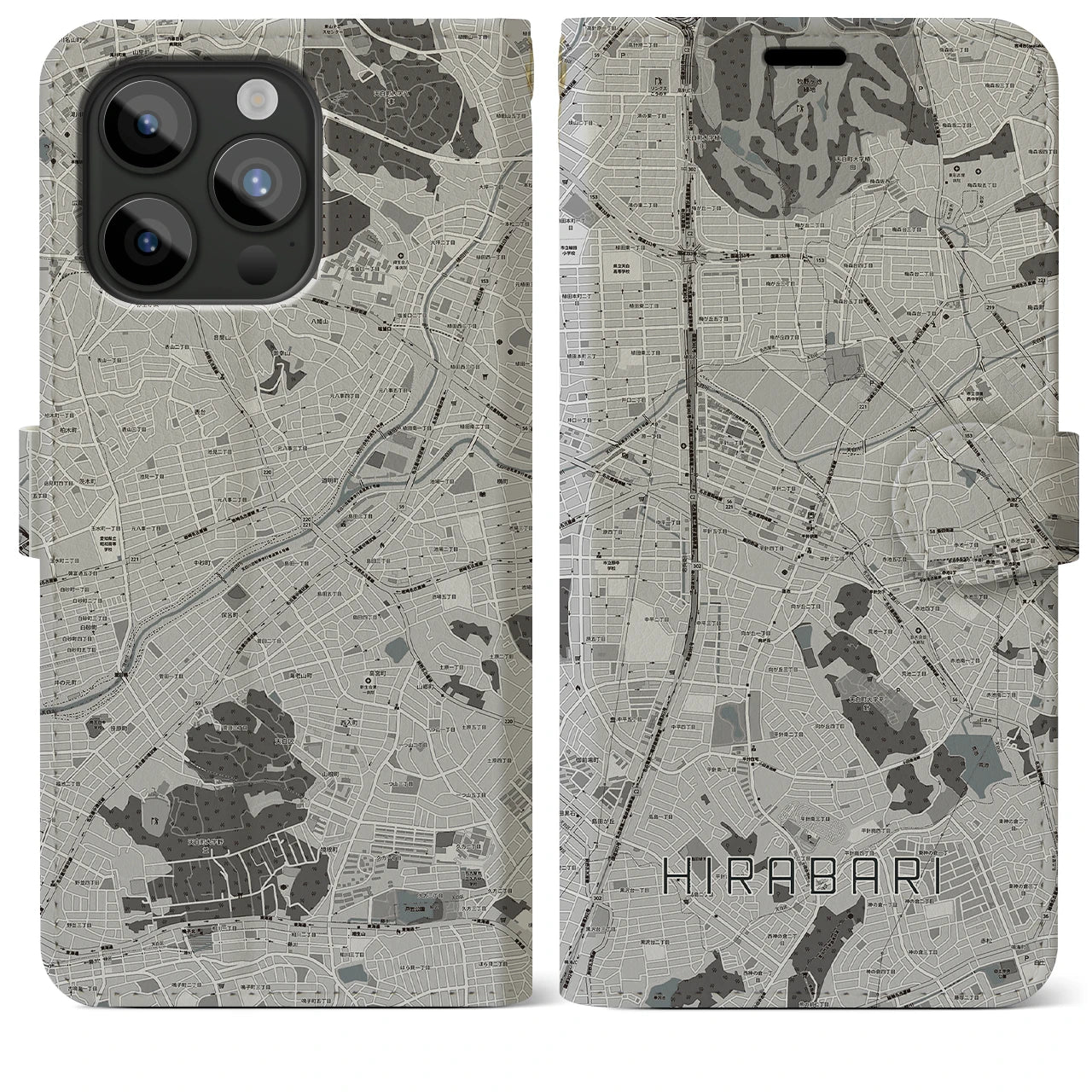 【平針(愛知県)】地図柄iPhoneケース(手帳タイプ)モノトーン・iPhone 15 Pro Max 用
