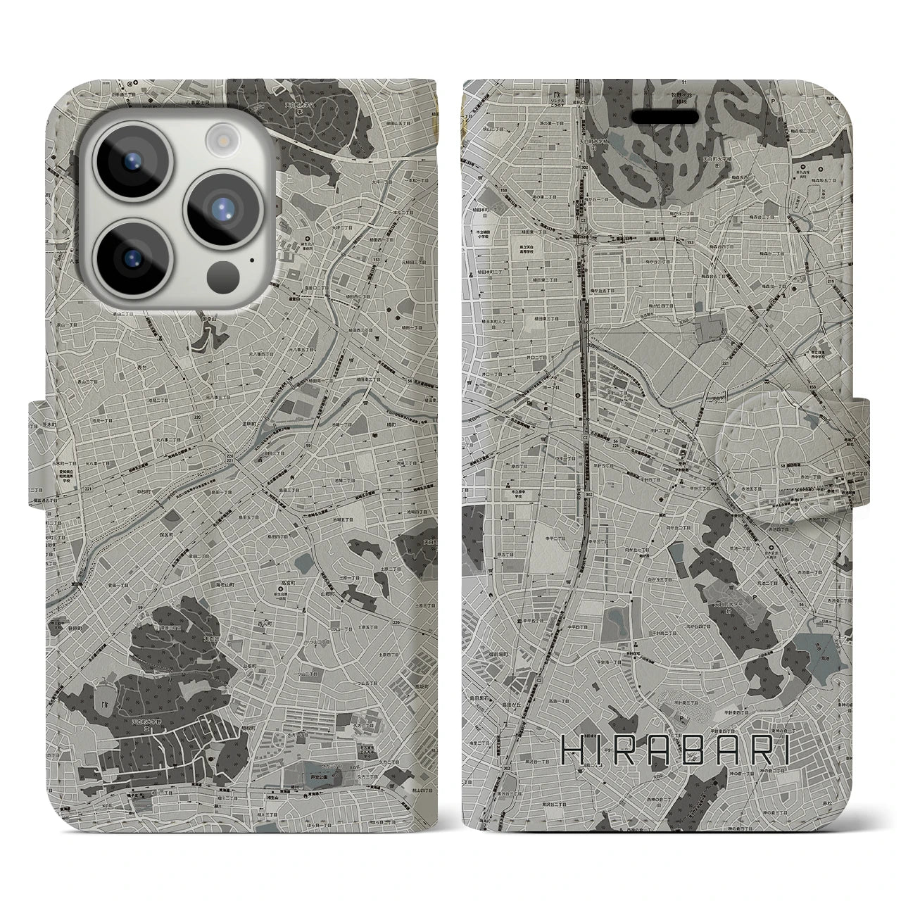 【平針(愛知県)】地図柄iPhoneケース(手帳タイプ)モノトーン・iPhone 15 Pro 用