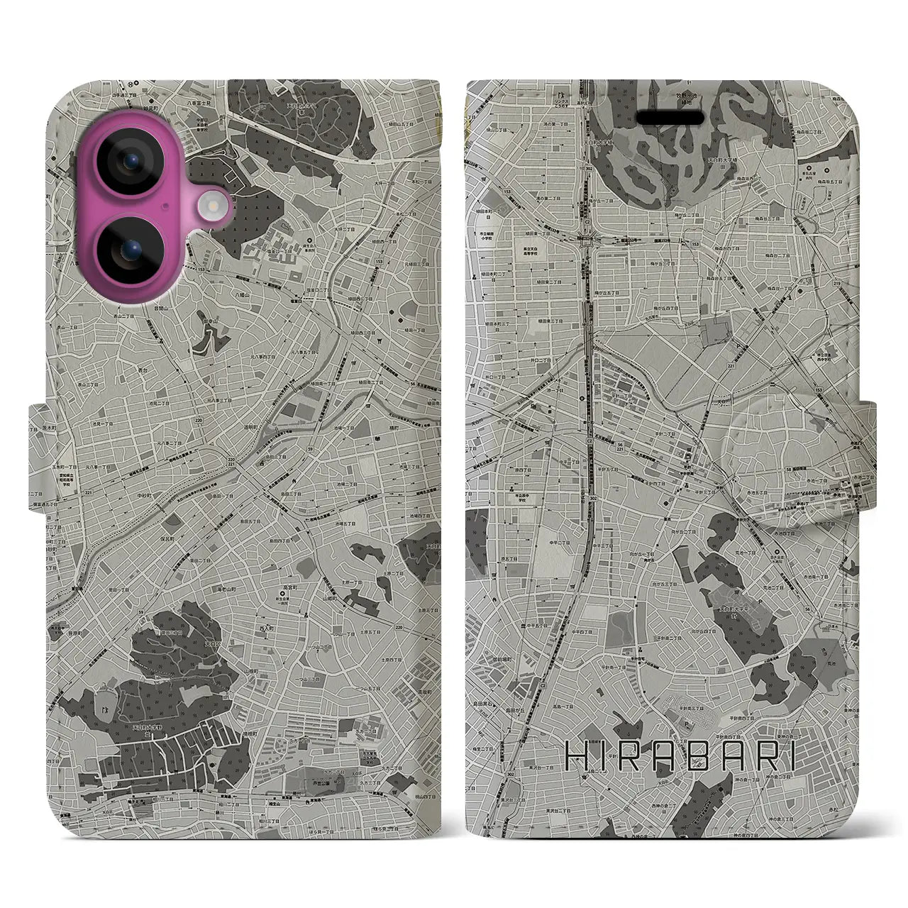 【平針(愛知県)】地図柄iPhoneケース(手帳タイプ)モノトーン・iPhone 16 Pro 用