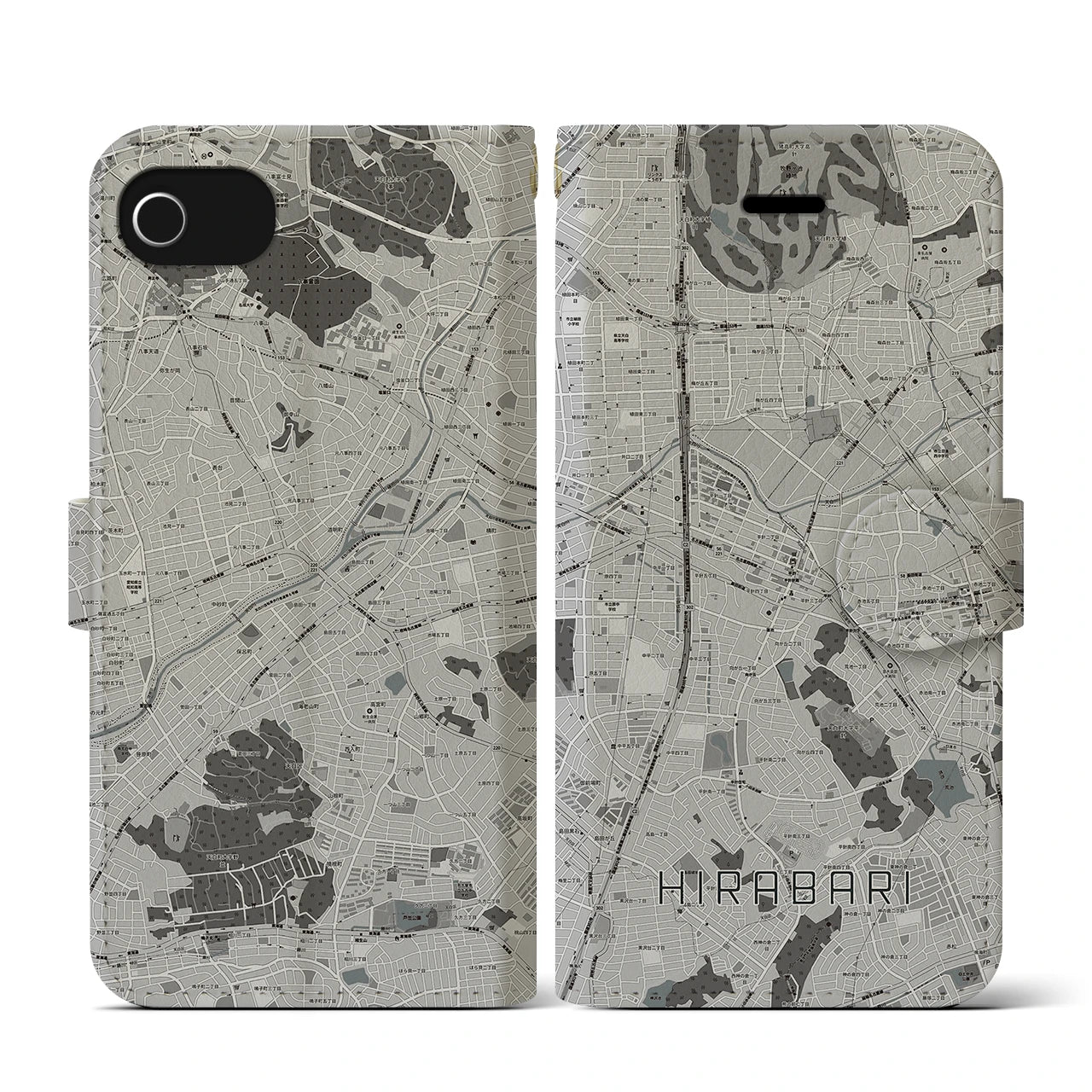 【平針(愛知県)】地図柄iPhoneケース(手帳タイプ)モノトーン・iPhone SE(第3 / 第2世代) / 8 / 7 / 6s / 6 用