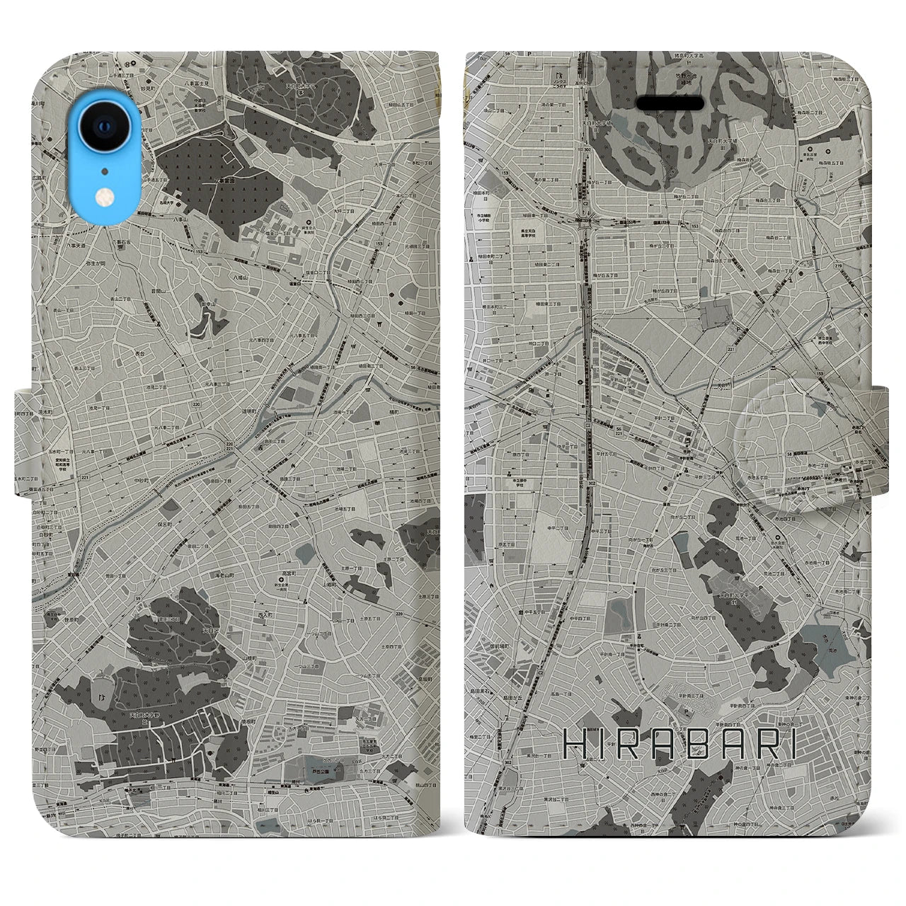 【平針(愛知県)】地図柄iPhoneケース(手帳タイプ)モノトーン・iPhone XR 用