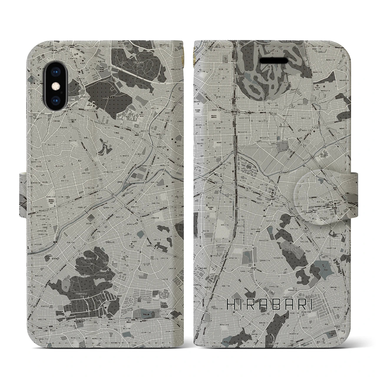【平針(愛知県)】地図柄iPhoneケース(手帳タイプ)モノトーン・iPhone XS / X 用