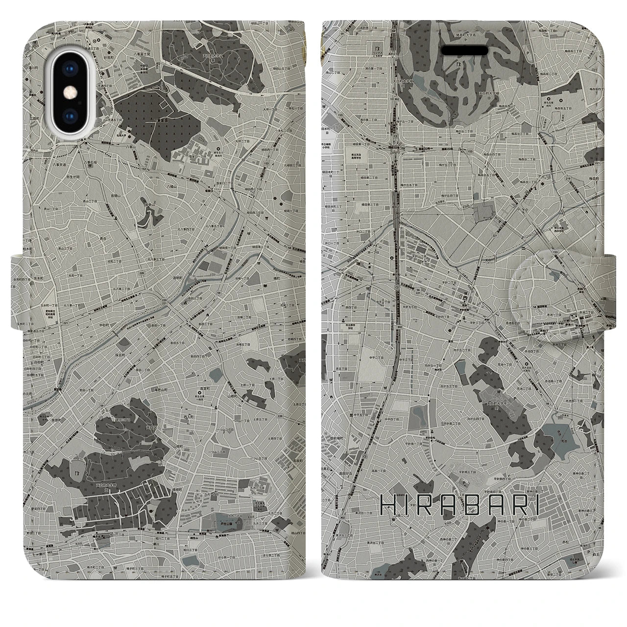 【平針(愛知県)】地図柄iPhoneケース(手帳タイプ)モノトーン・iPhone XS Max 用
