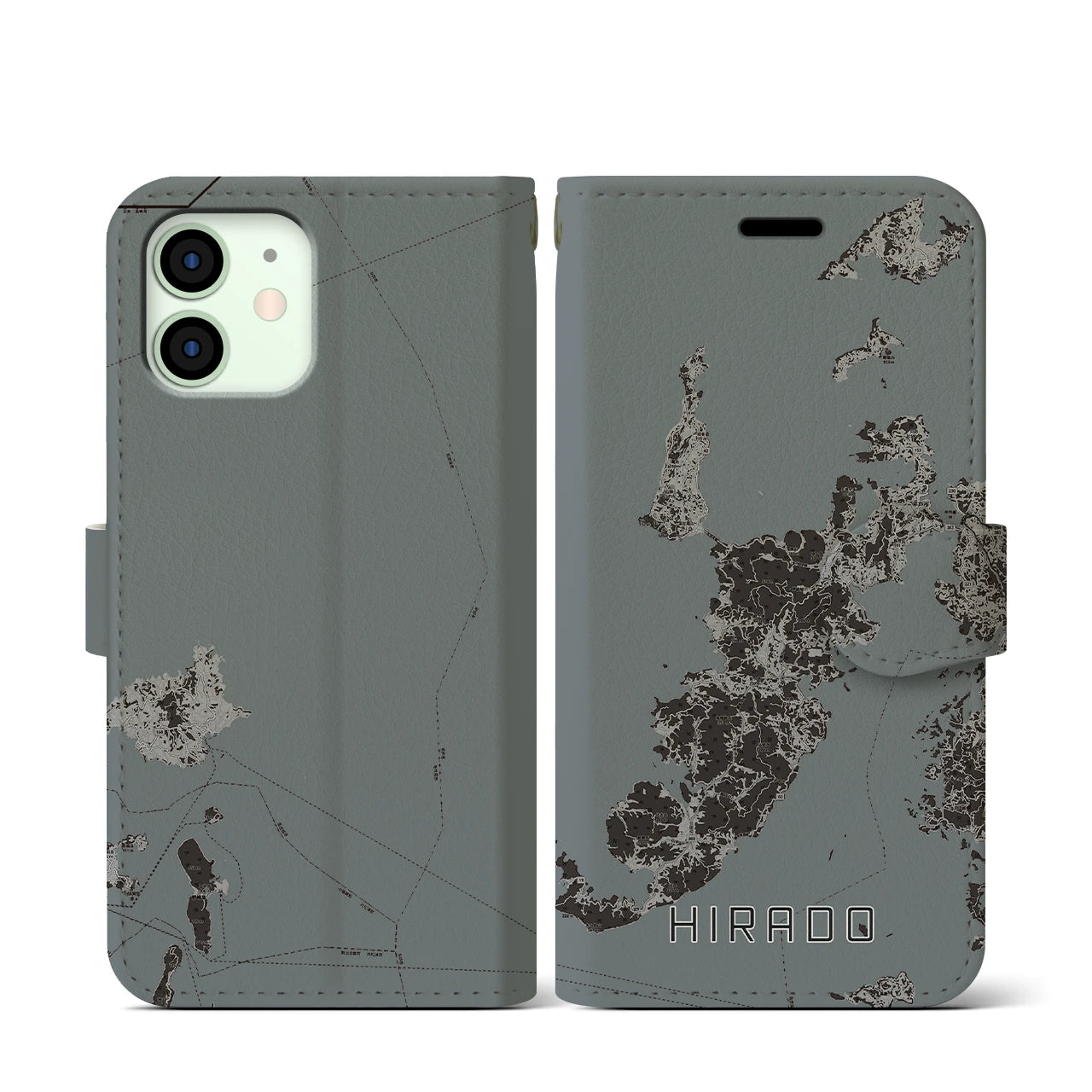 【平戸(長崎県)】地図柄iPhoneケース(手帳タイプ)モノトーン・iPhone 12 mini 用