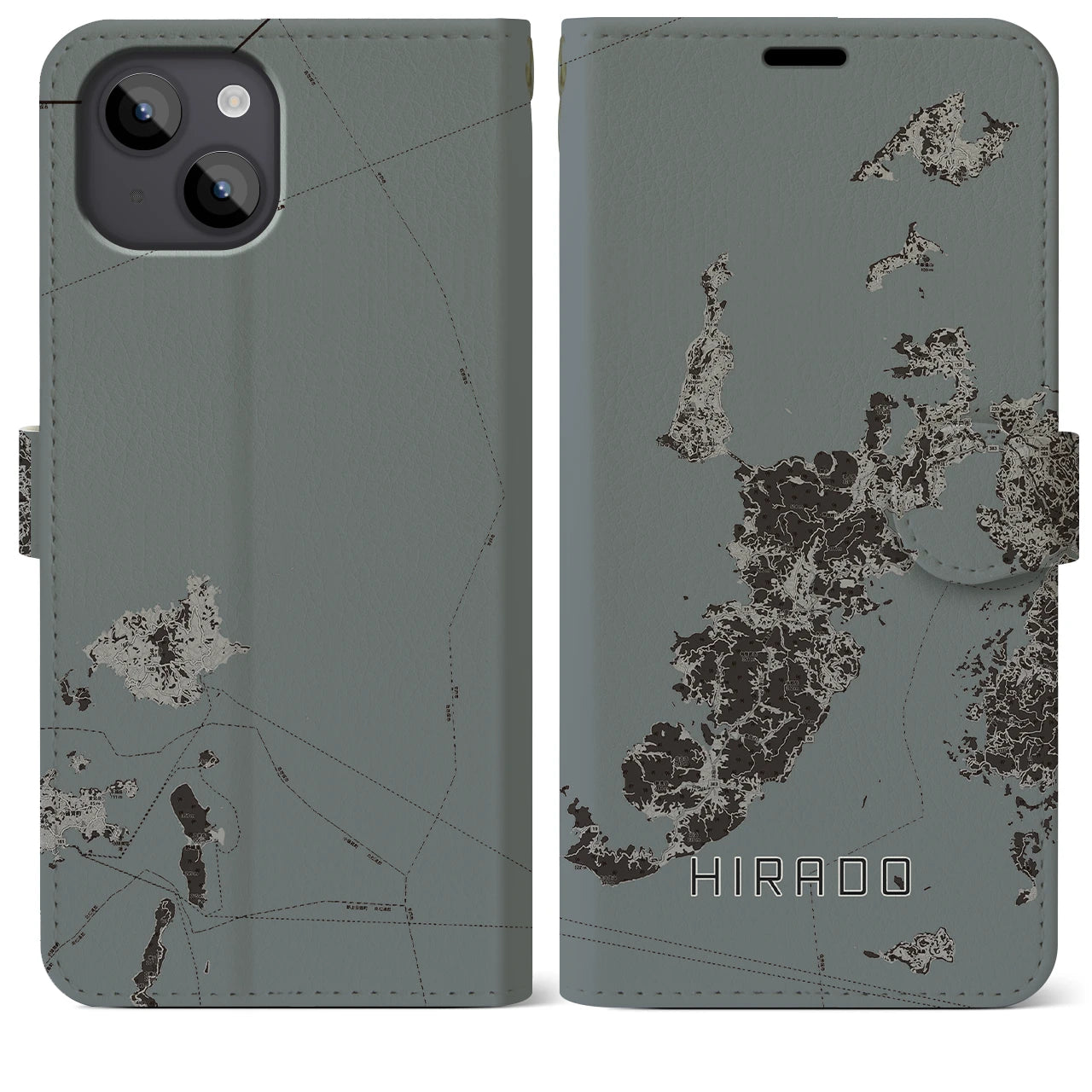 【平戸(長崎県)】地図柄iPhoneケース(手帳タイプ)モノトーン・iPhone 14 Plus 用