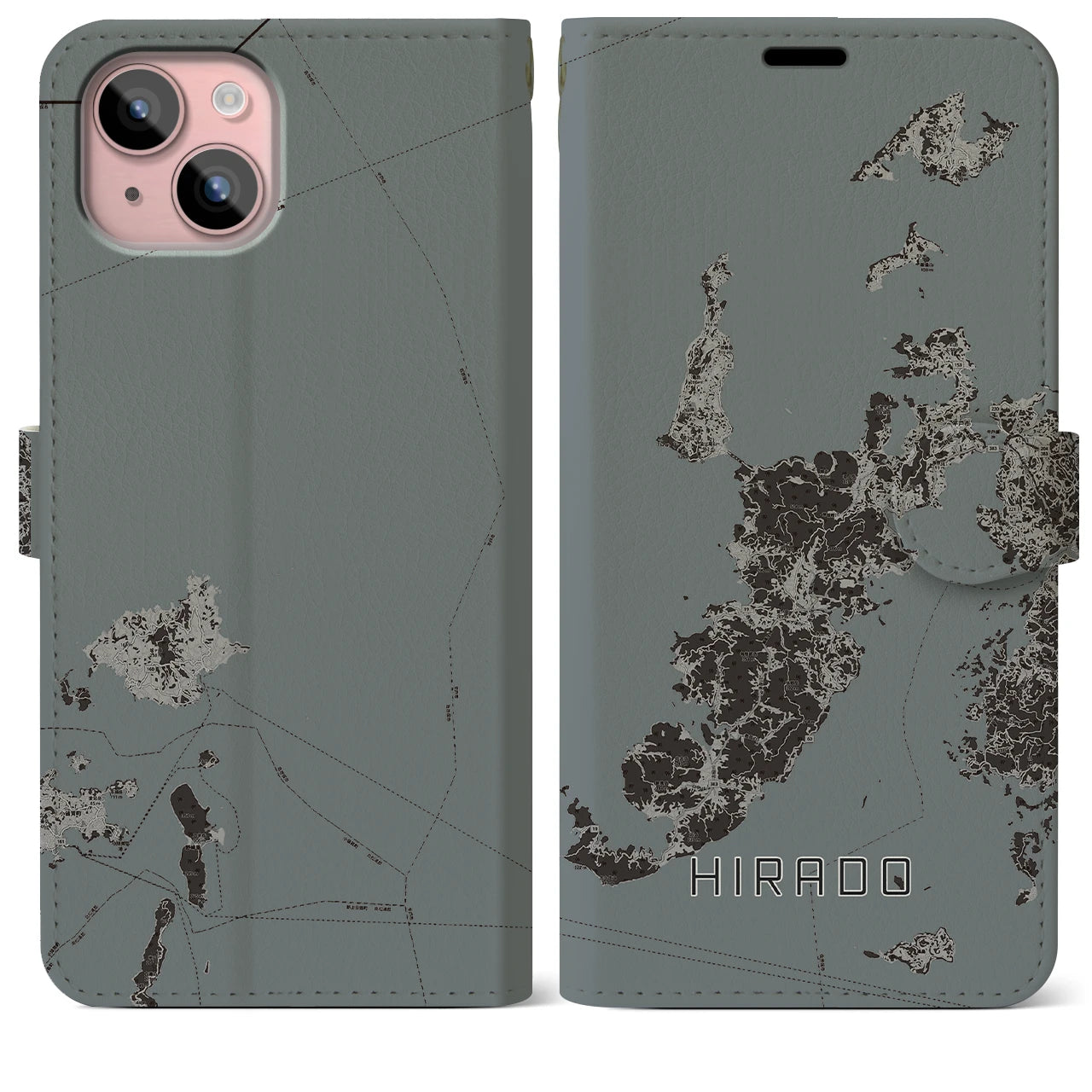 【平戸(長崎県)】地図柄iPhoneケース(手帳タイプ)モノトーン・iPhone 15 Plus 用