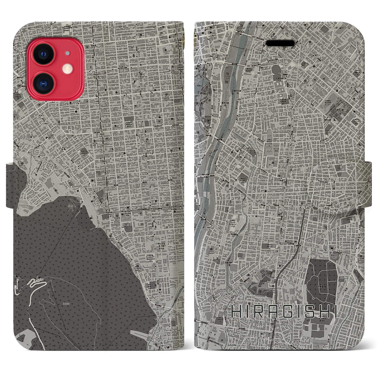 【平岸(北海道)】地図柄iPhoneケース(手帳タイプ)モノトーン・iPhone 11 用