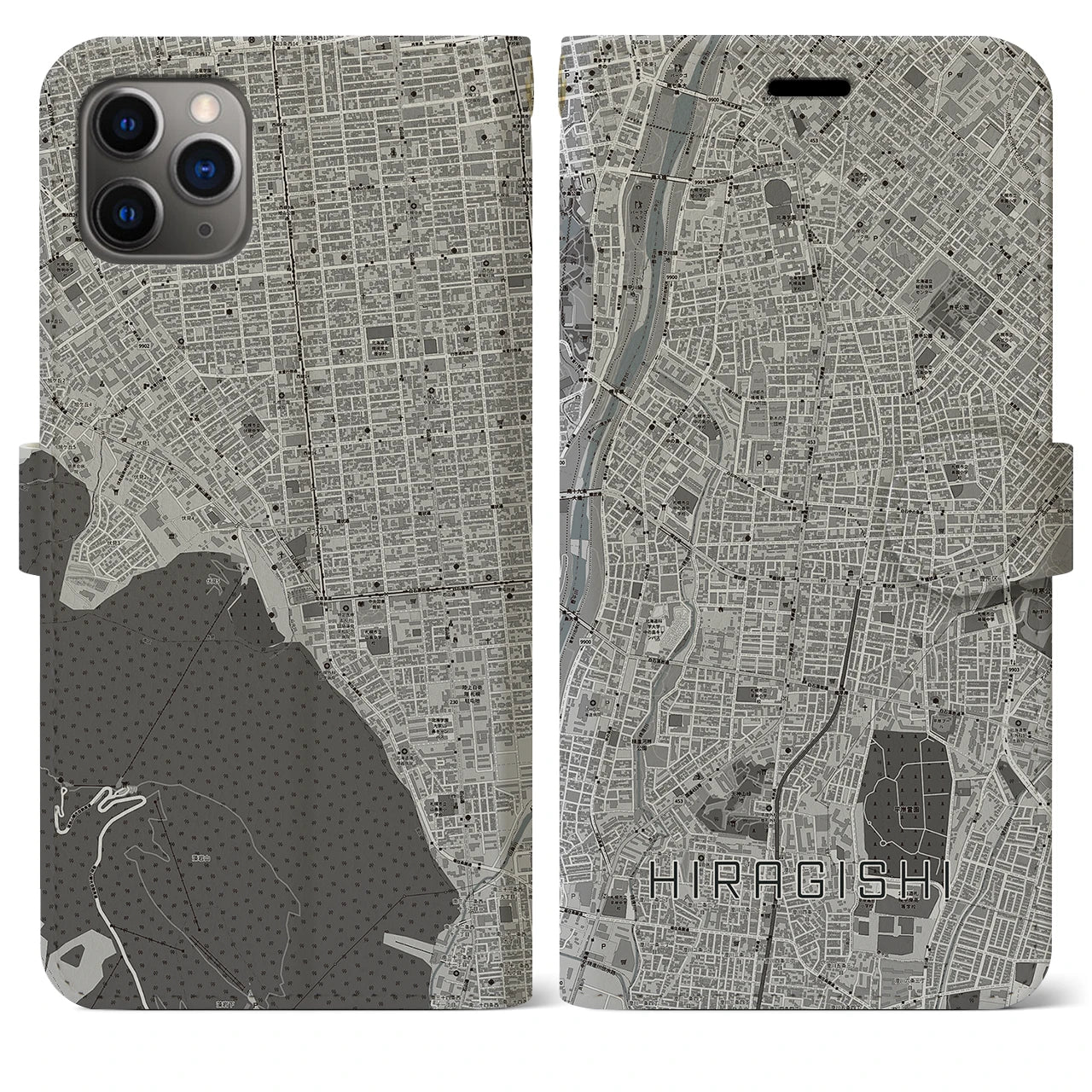 【平岸(北海道)】地図柄iPhoneケース(手帳タイプ)モノトーン・iPhone 11 Pro Max 用