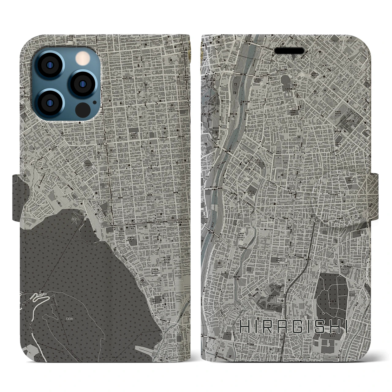 【平岸(北海道)】地図柄iPhoneケース(手帳タイプ)モノトーン・iPhone 12 / 12 Pro 用