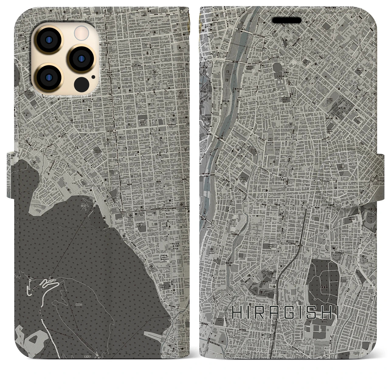 【平岸(北海道)】地図柄iPhoneケース(手帳タイプ)モノトーン・iPhone 12 Pro Max 用