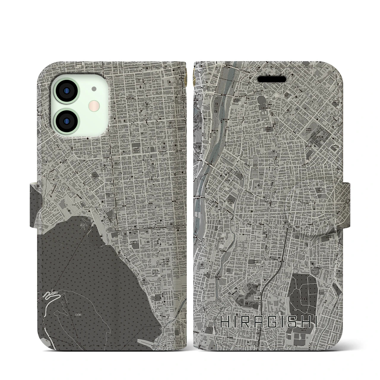 【平岸(北海道)】地図柄iPhoneケース(手帳タイプ)モノトーン・iPhone 12 mini 用