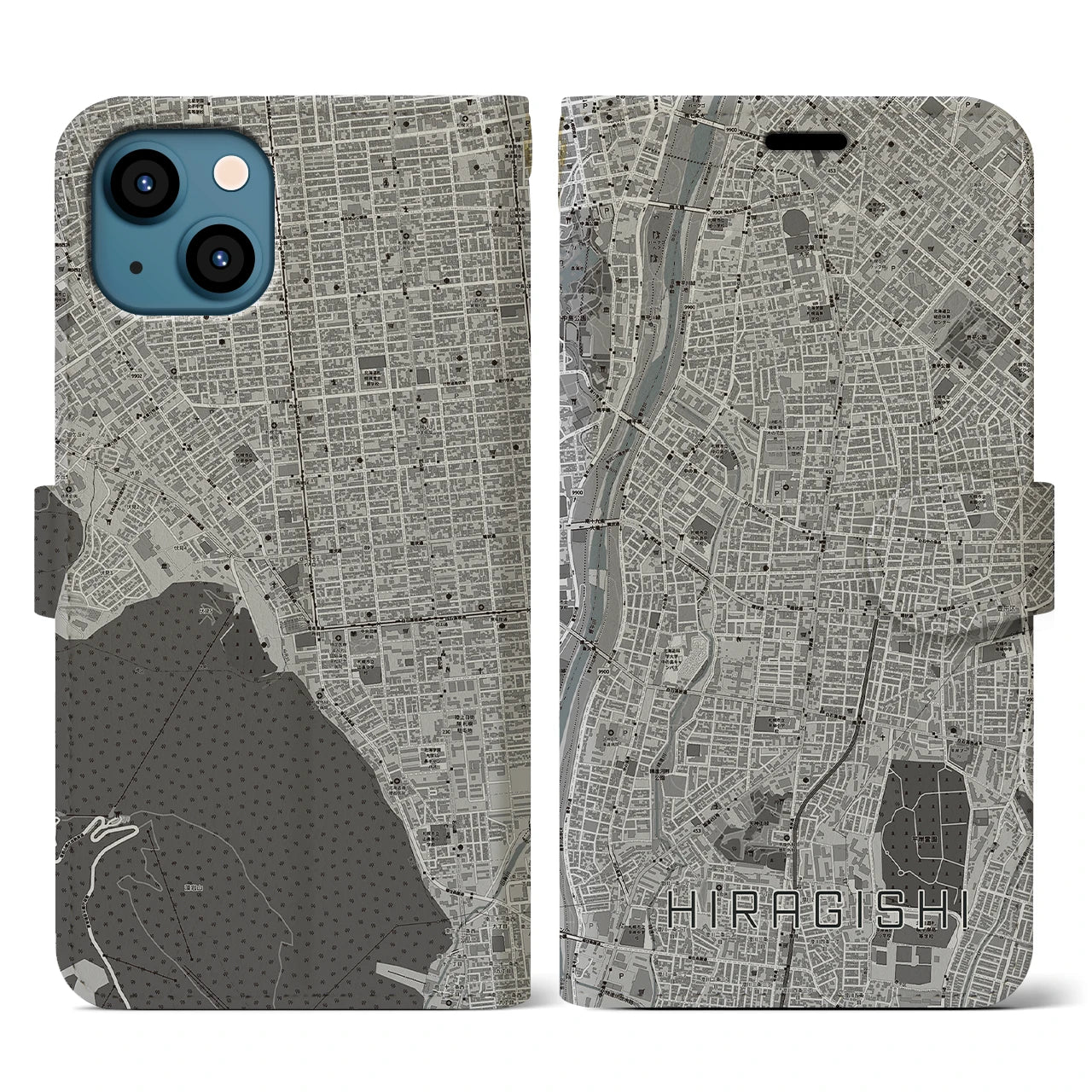 【平岸(北海道)】地図柄iPhoneケース(手帳タイプ)モノトーン・iPhone 13 用