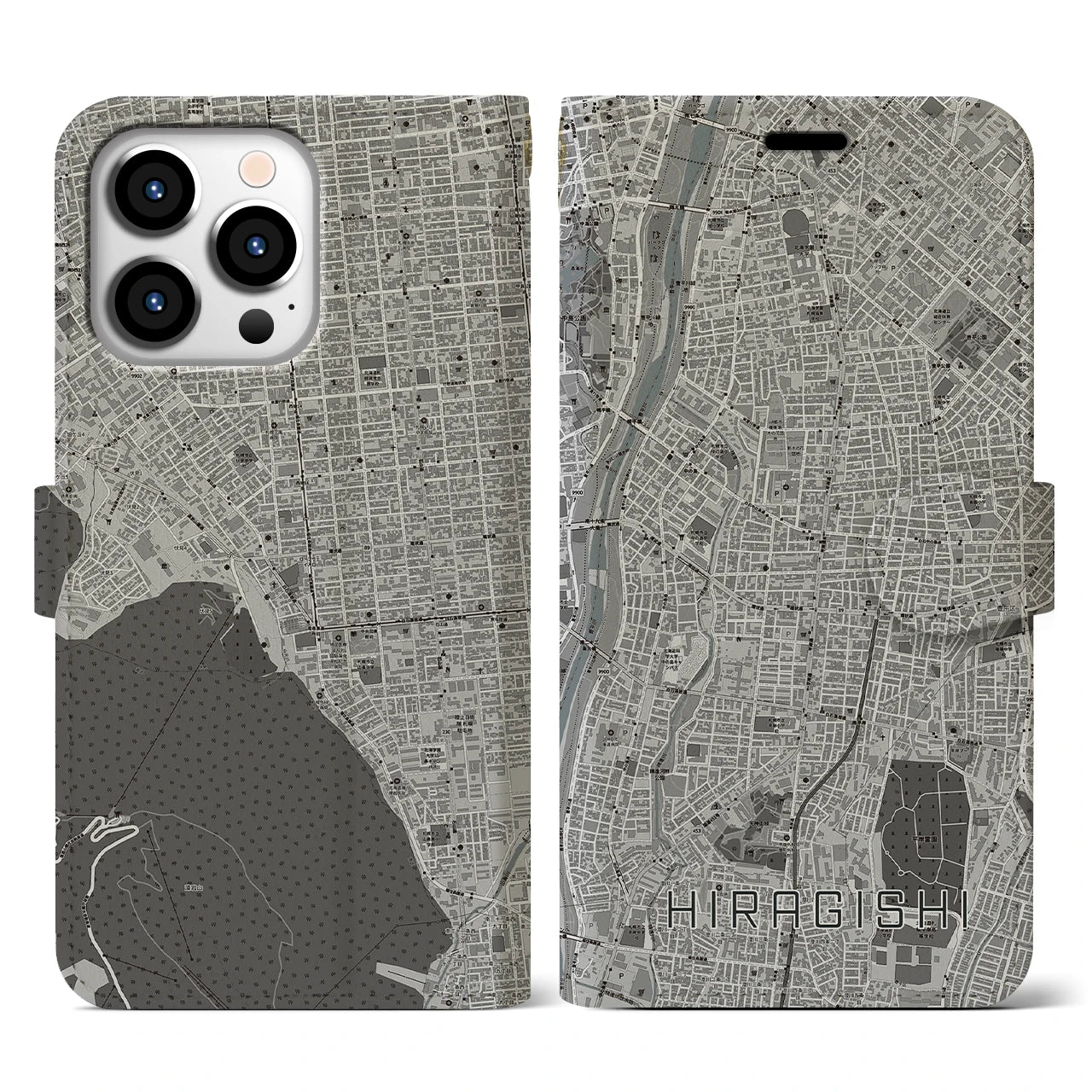 【平岸(北海道)】地図柄iPhoneケース(手帳タイプ)モノトーン・iPhone 13 Pro 用
