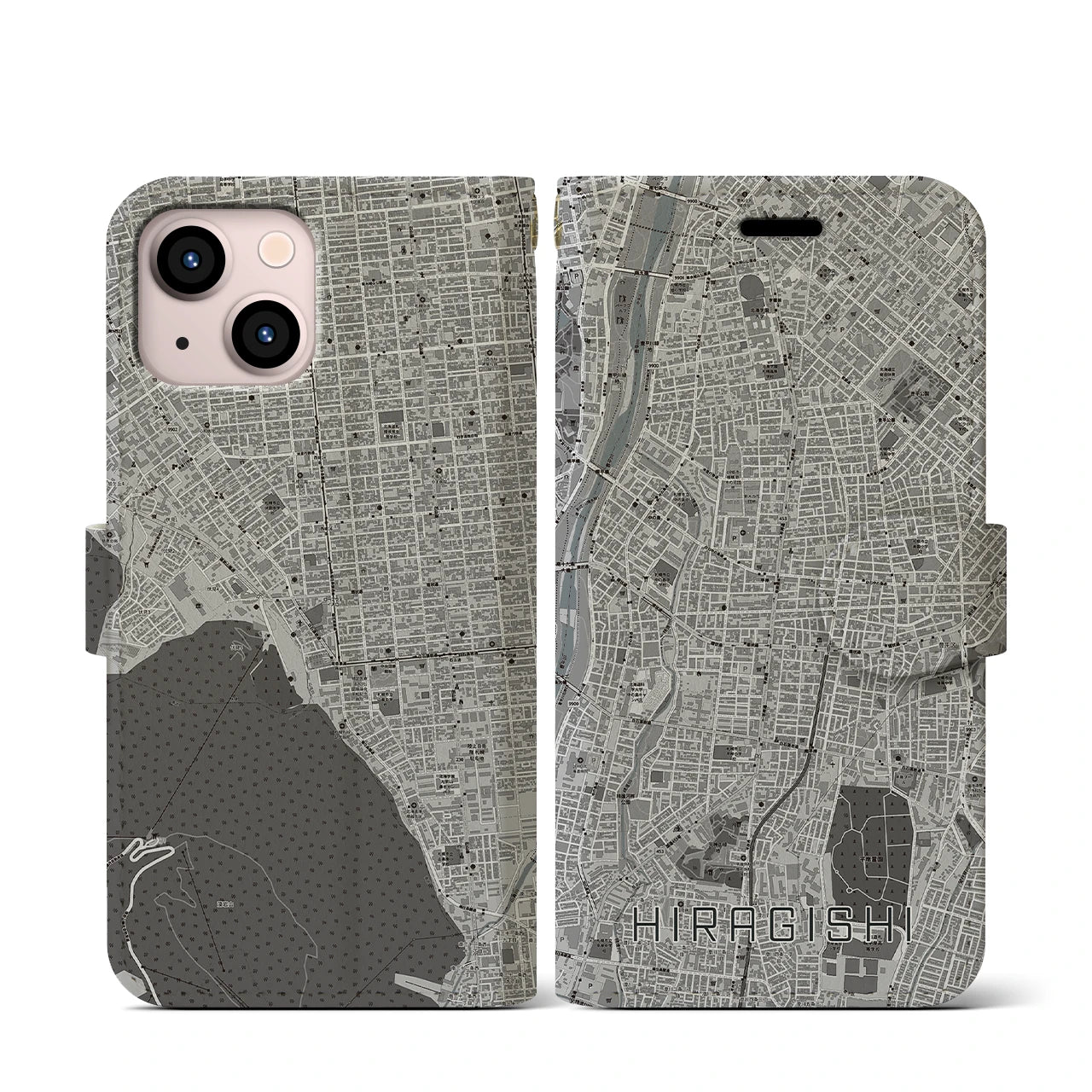 【平岸(北海道)】地図柄iPhoneケース(手帳タイプ)モノトーン・iPhone 13 mini 用