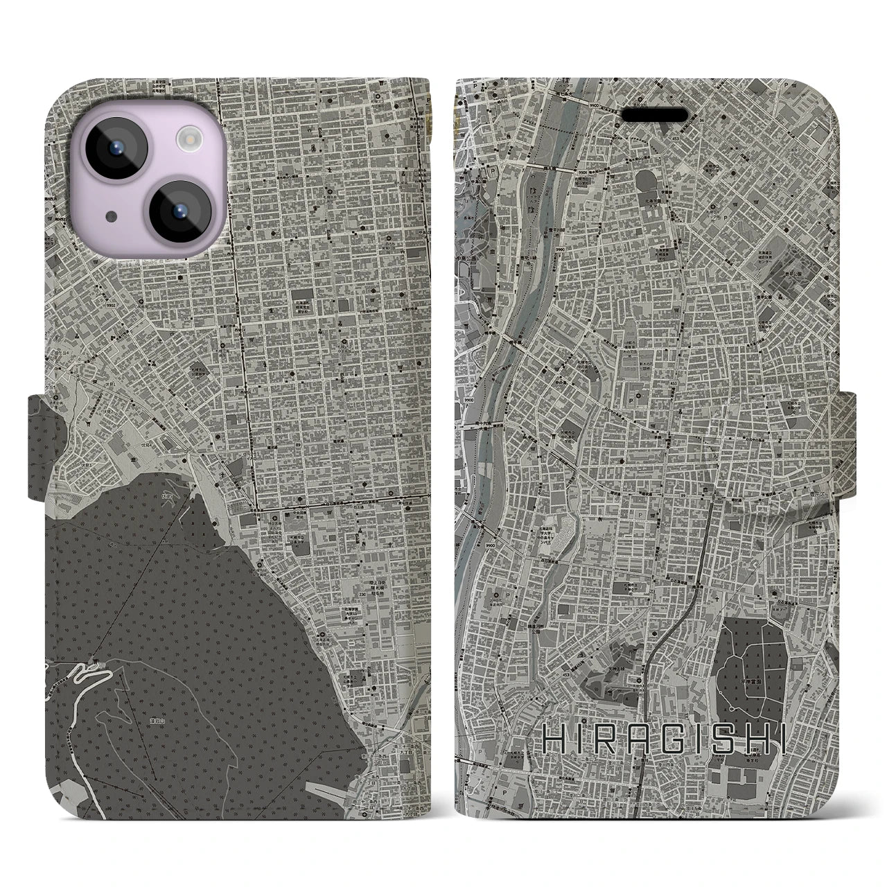 【平岸(北海道)】地図柄iPhoneケース(手帳タイプ)モノトーン・iPhone 14 用