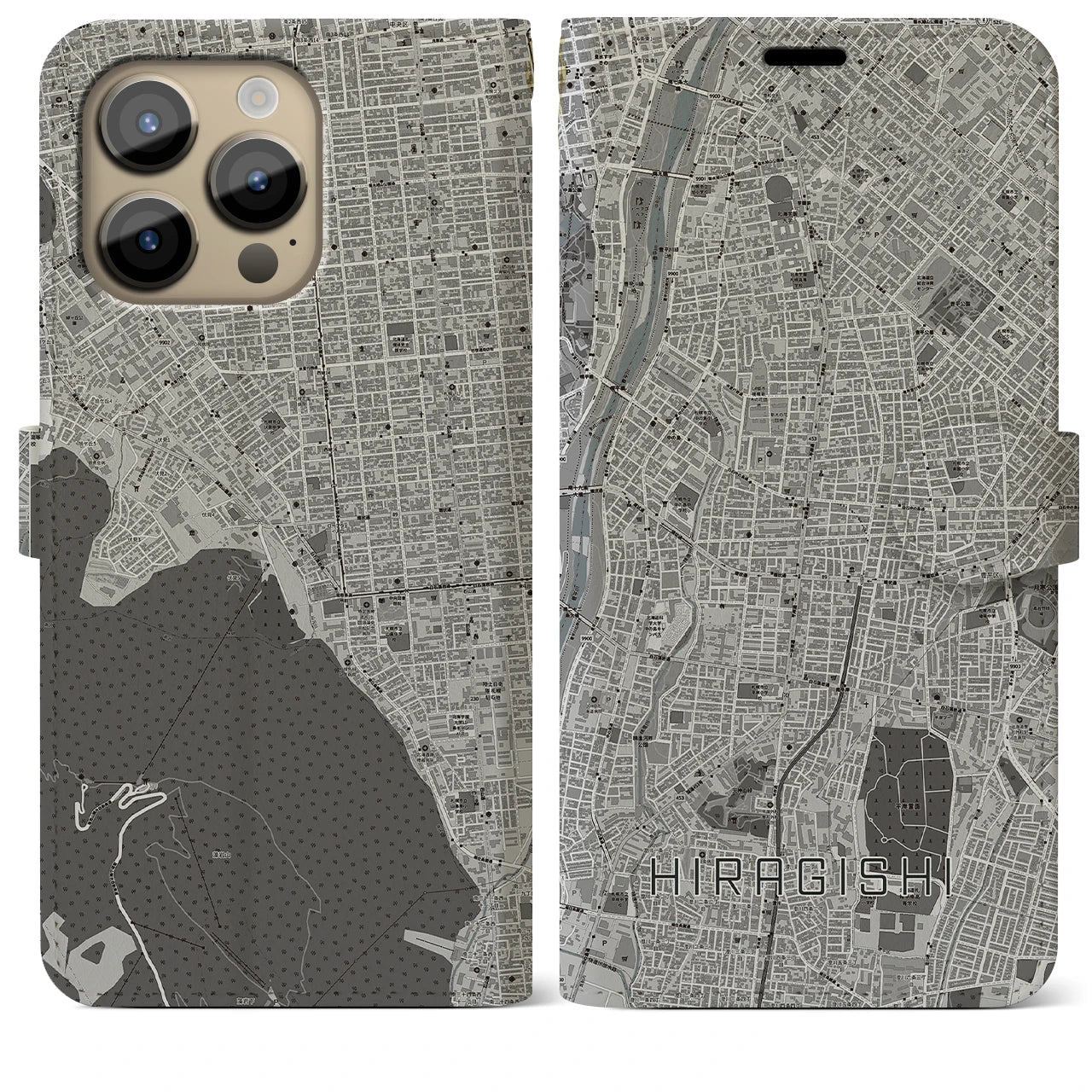 【平岸(北海道)】地図柄iPhoneケース(手帳タイプ)モノトーン・iPhone 14 Pro Max 用