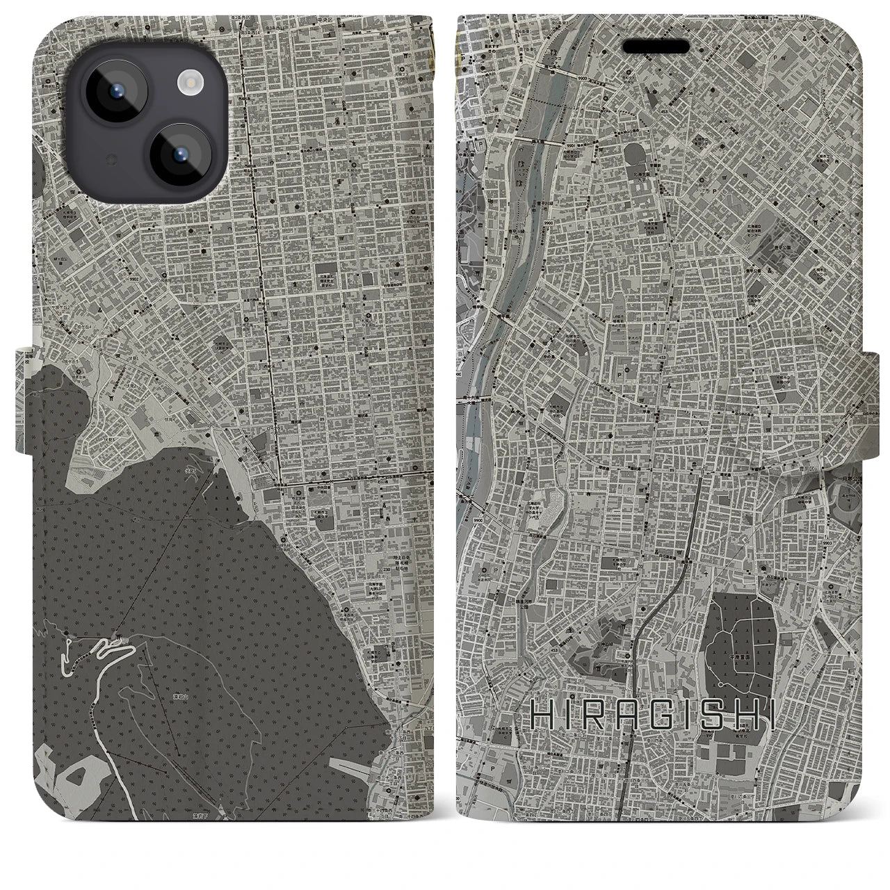 【平岸(北海道)】地図柄iPhoneケース(手帳タイプ)モノトーン・iPhone 14 Plus 用