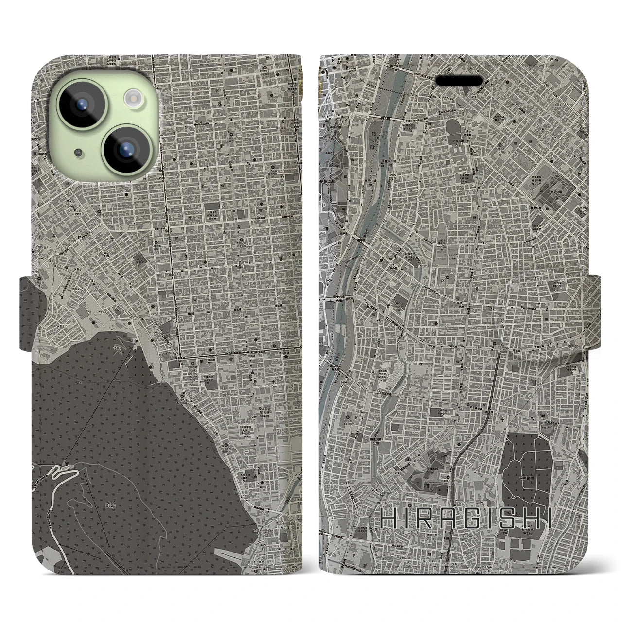 【平岸(北海道)】地図柄iPhoneケース(手帳タイプ)モノトーン・iPhone 15 用
