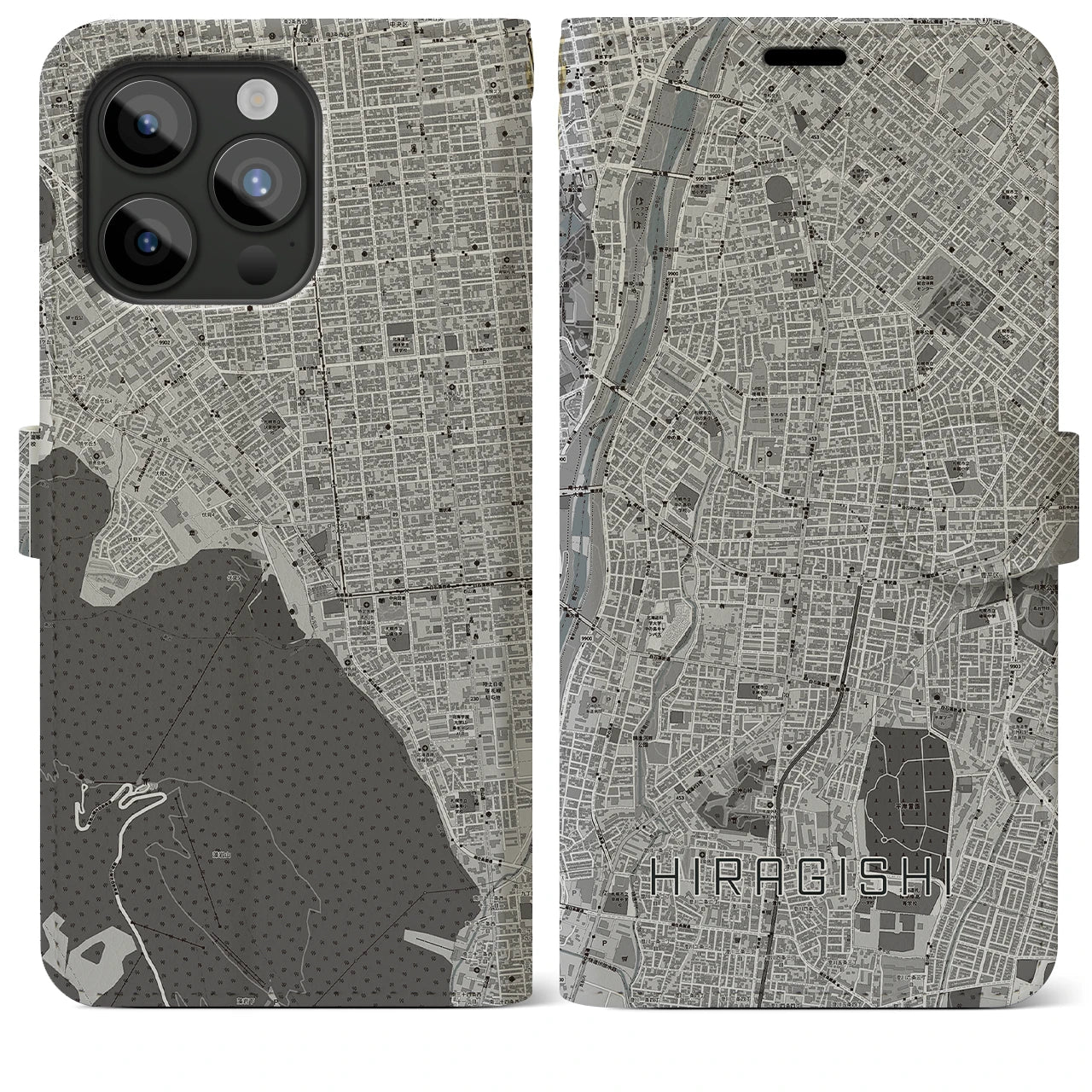 【平岸(北海道)】地図柄iPhoneケース(手帳タイプ)モノトーン・iPhone 15 Pro Max 用