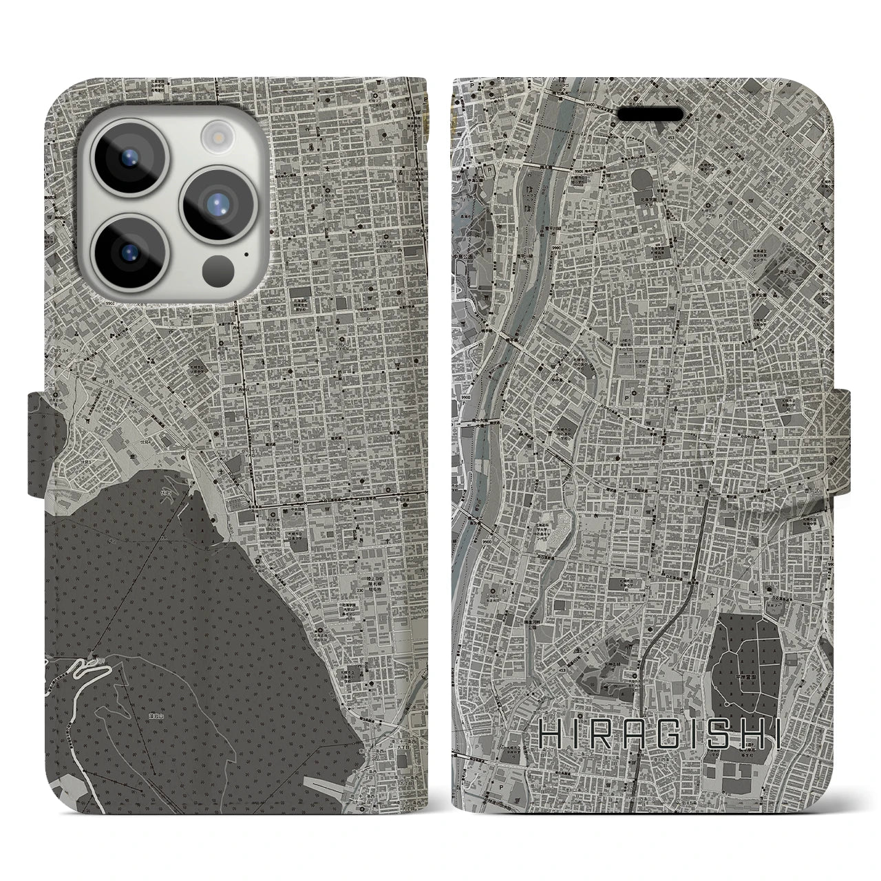 【平岸(北海道)】地図柄iPhoneケース(手帳タイプ)モノトーン・iPhone 15 Pro 用