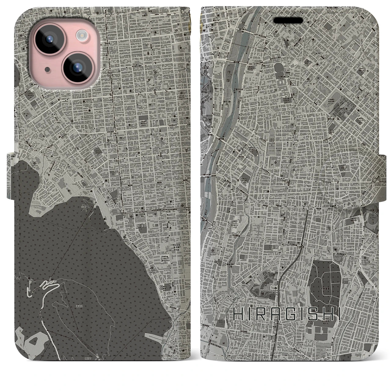 【平岸(北海道)】地図柄iPhoneケース(手帳タイプ)モノトーン・iPhone 15 Plus 用