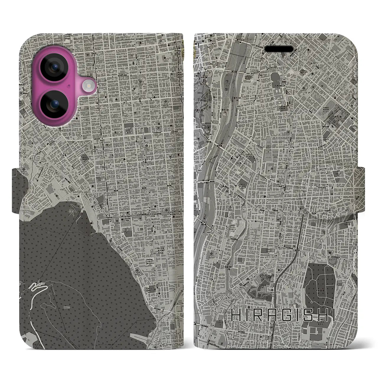 【平岸(北海道)】地図柄iPhoneケース(手帳タイプ)モノトーン・iPhone 16 Pro 用