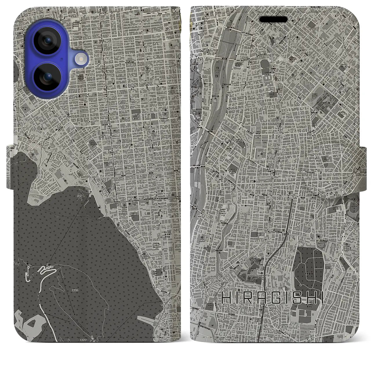 【平岸(北海道)】地図柄iPhoneケース(手帳タイプ)モノトーン・iPhone 16 Pro Max 用
