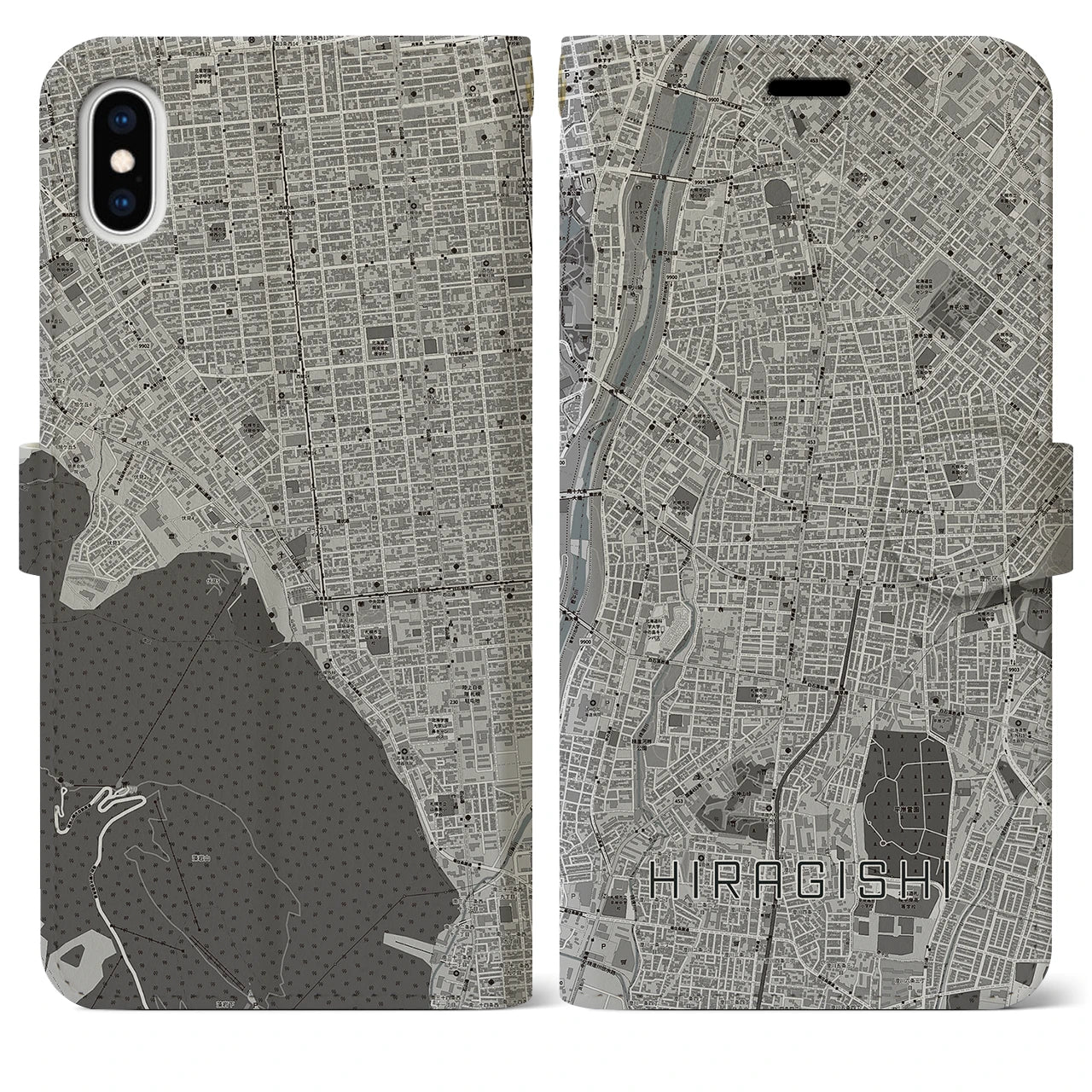 【平岸(北海道)】地図柄iPhoneケース(手帳タイプ)モノトーン・iPhone XS Max 用